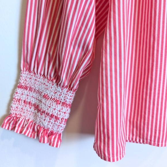 Talbots Pink White Striped Smocked Long Sleeve Shirt Size Medium Petite - Picture 3 of 5